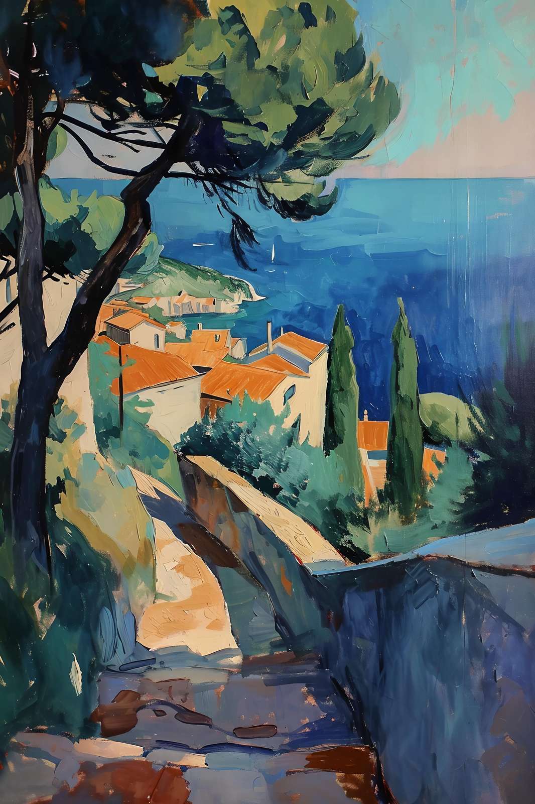 Coastal Village Impressionist Oil Wall Art