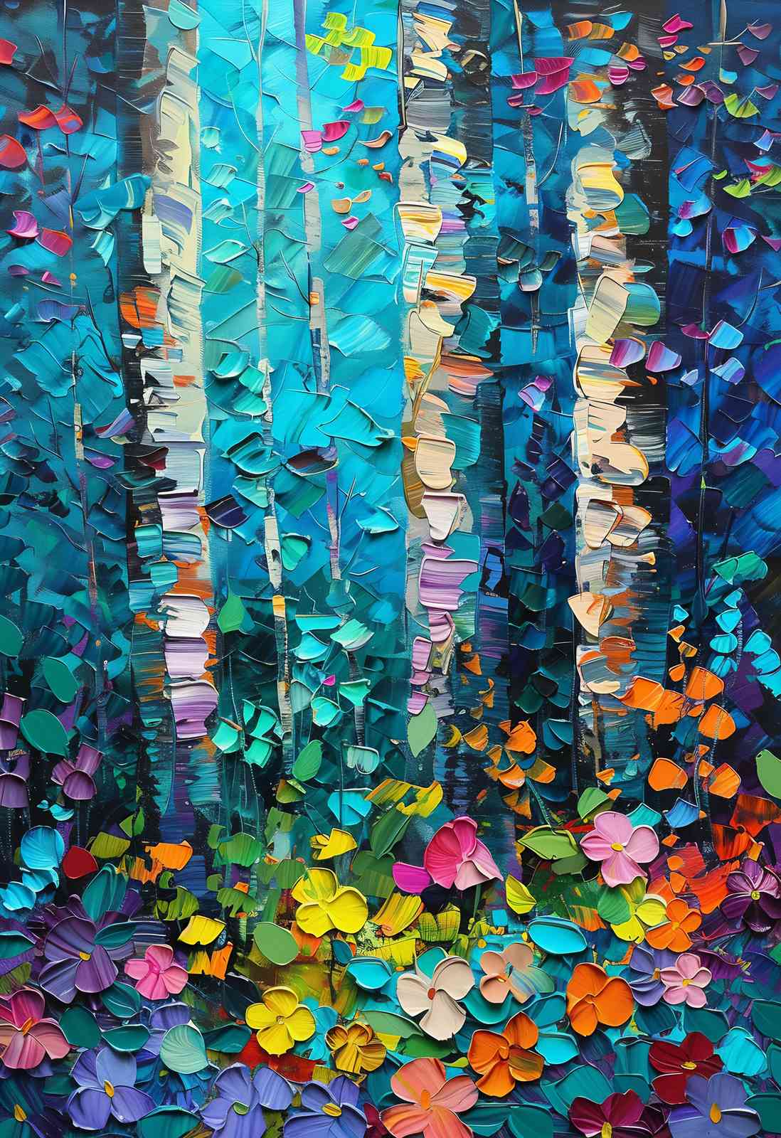 Vibrant Birch Forest Floral Explosion Wall Art