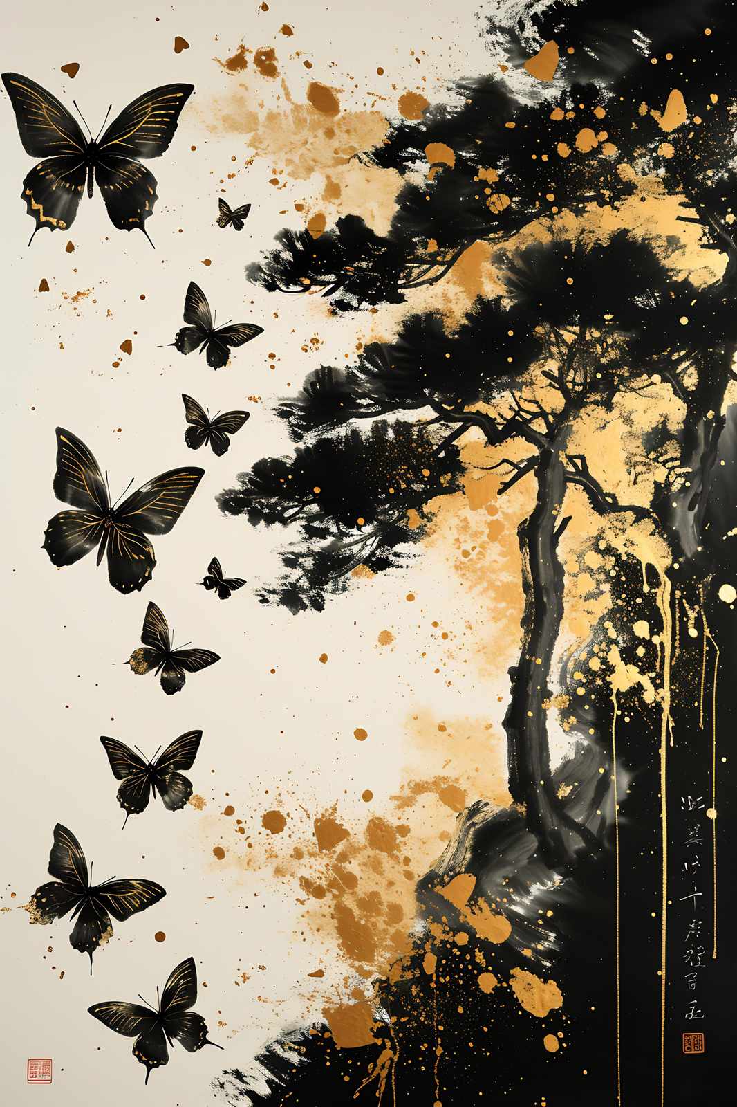 Elegant Black Gold Butterflies & Pine Tree Wall Art