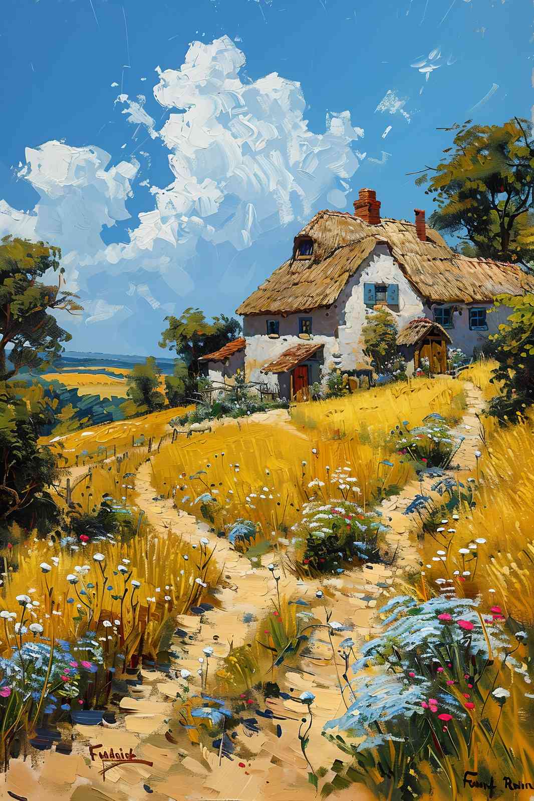 Charming Countryside Cottage Oil Painting Wall Art