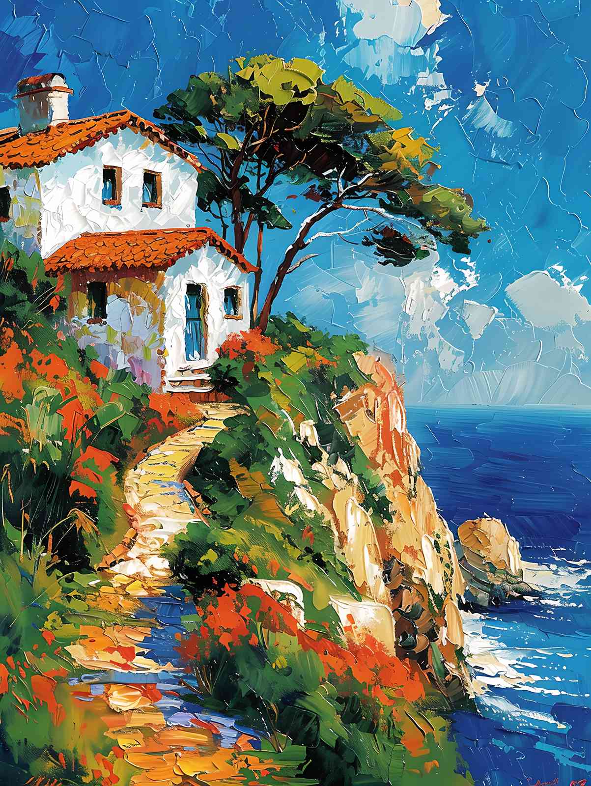 Coastal Villa Impressionist Landscape Wall Art