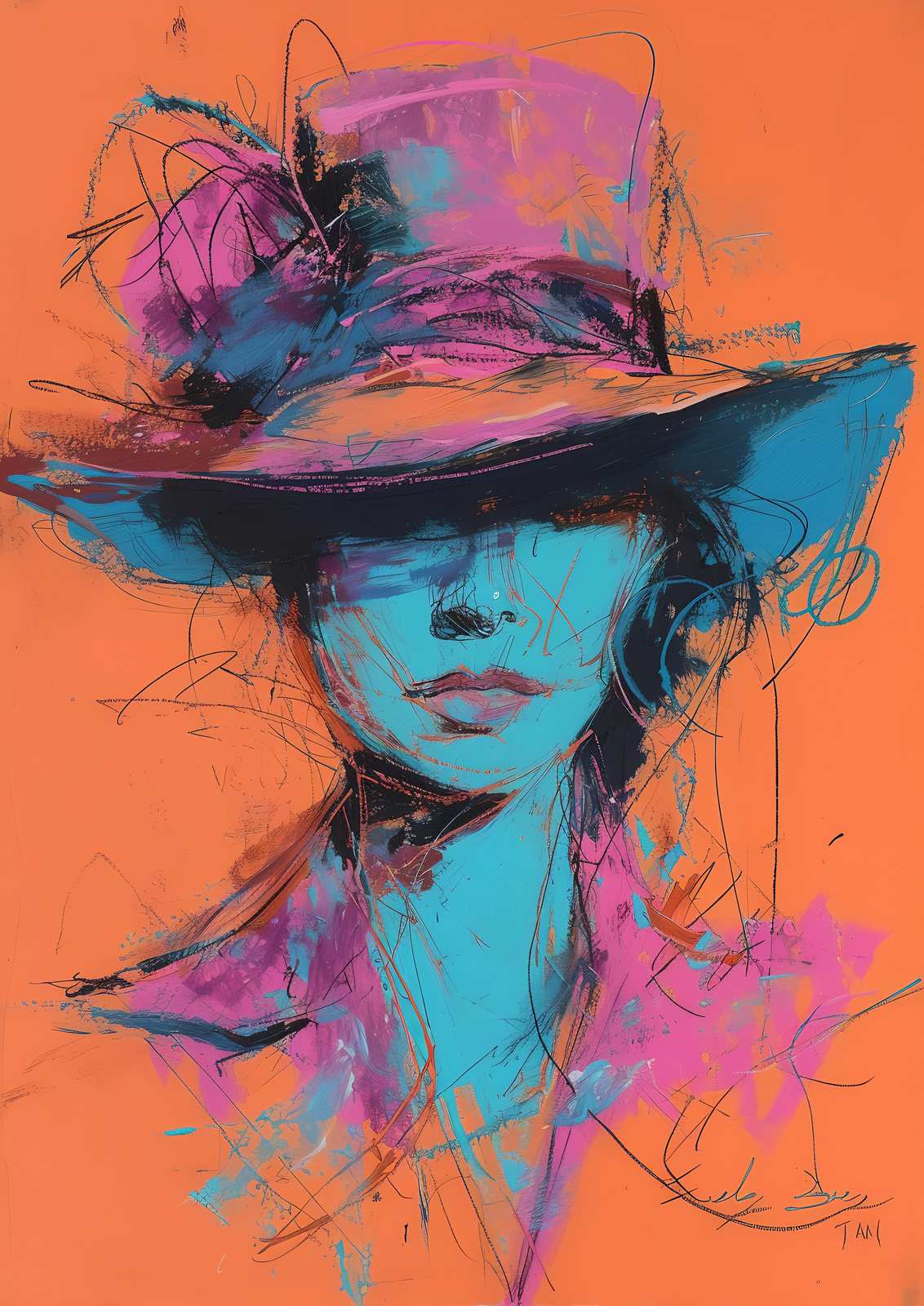 Vibrant Lady with Hat Abstract Wall Art