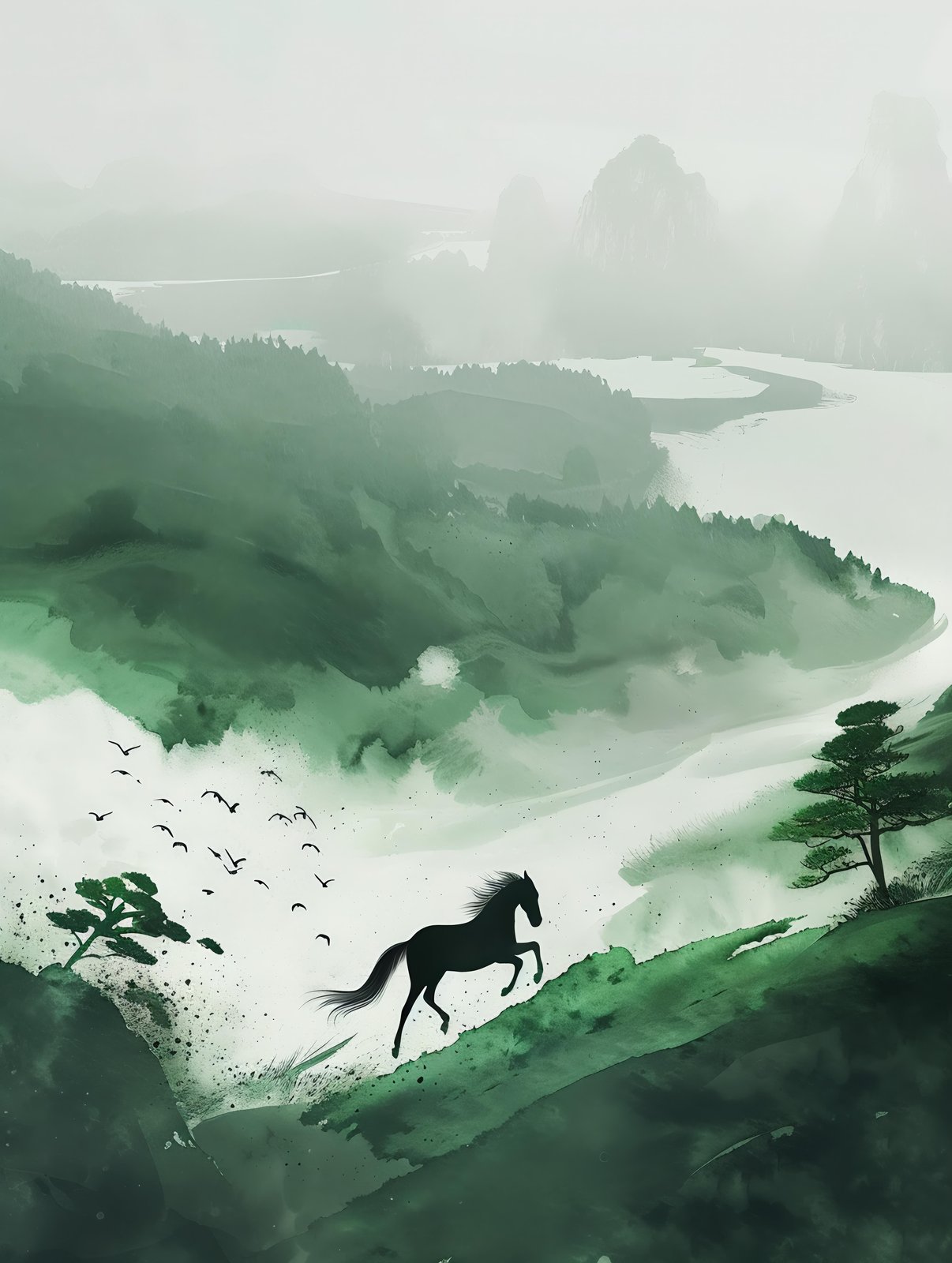 Misty Mountain Horse and Birds Wall Art