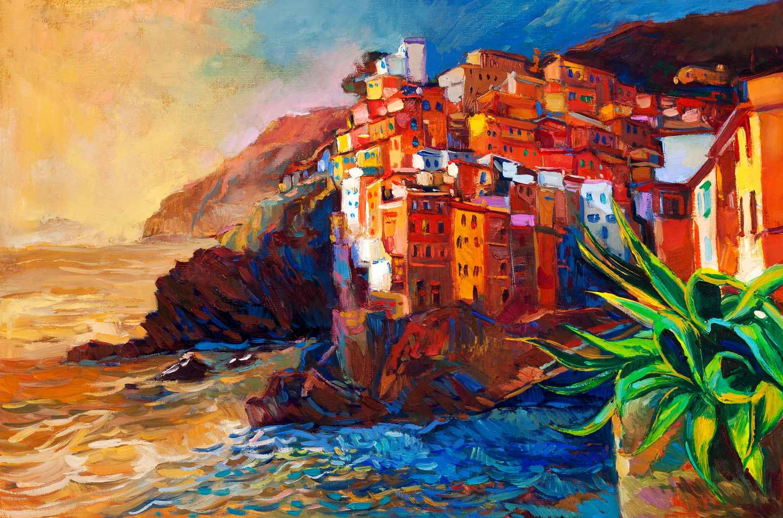 Vibrant Coastal Village Landscape Wall Art