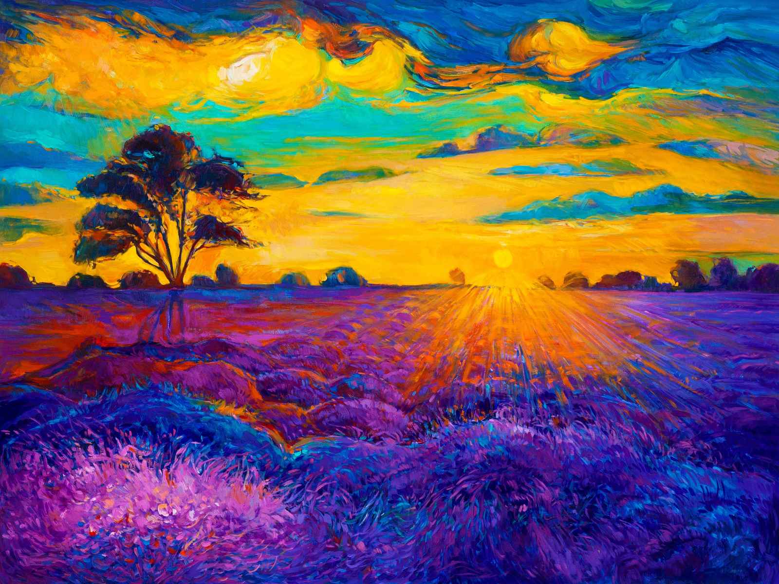 Vibrant Sunset Lavender Field Wall Art