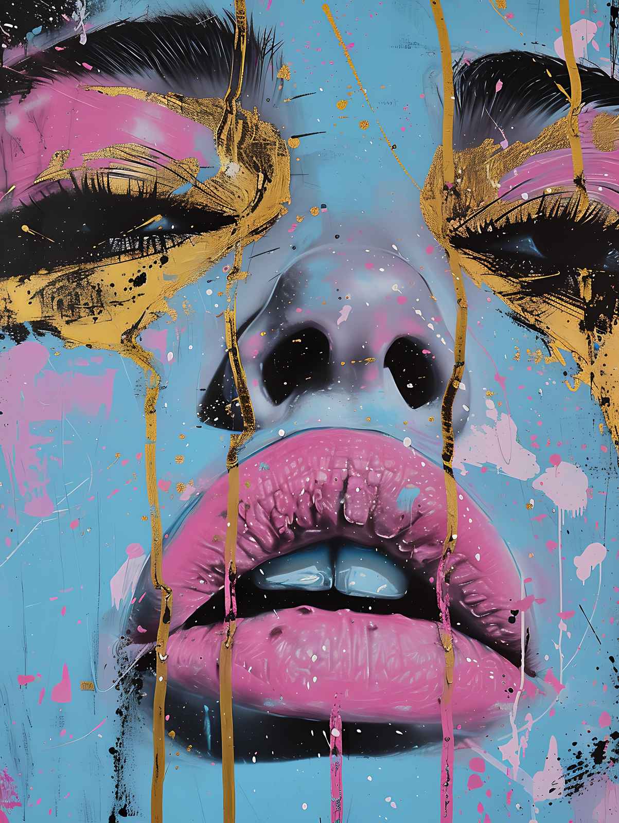 Vibrant Pink Lips & Gold Drip Wall Art