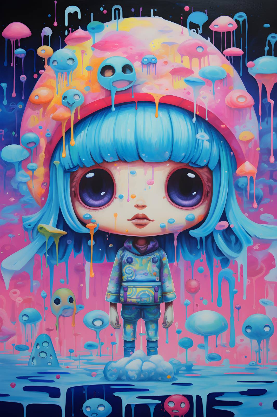 Whimsical Blue-Haired Character Wall Art