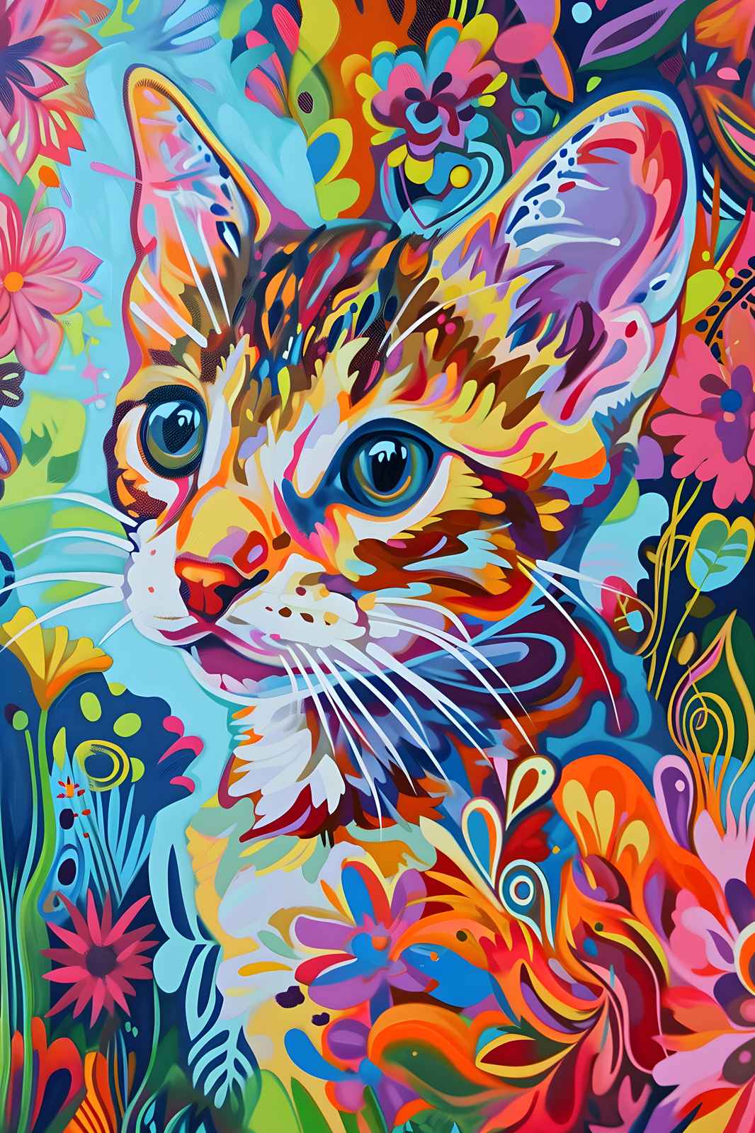 Vibrant Cat Floral Art Wall Art