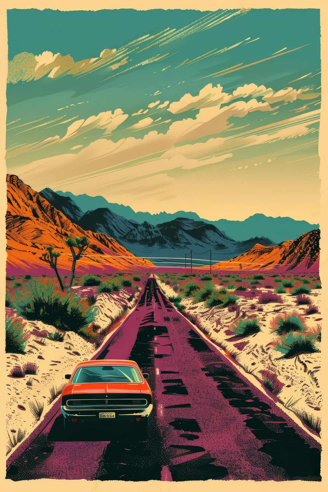Desert Highway Retro Car Wall Art
