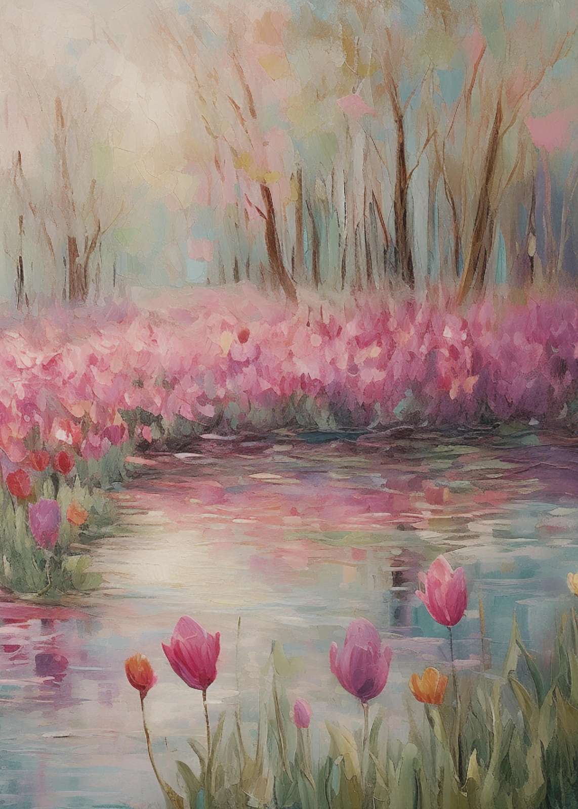 Serene Tulip Garden Water Scene Wall Art