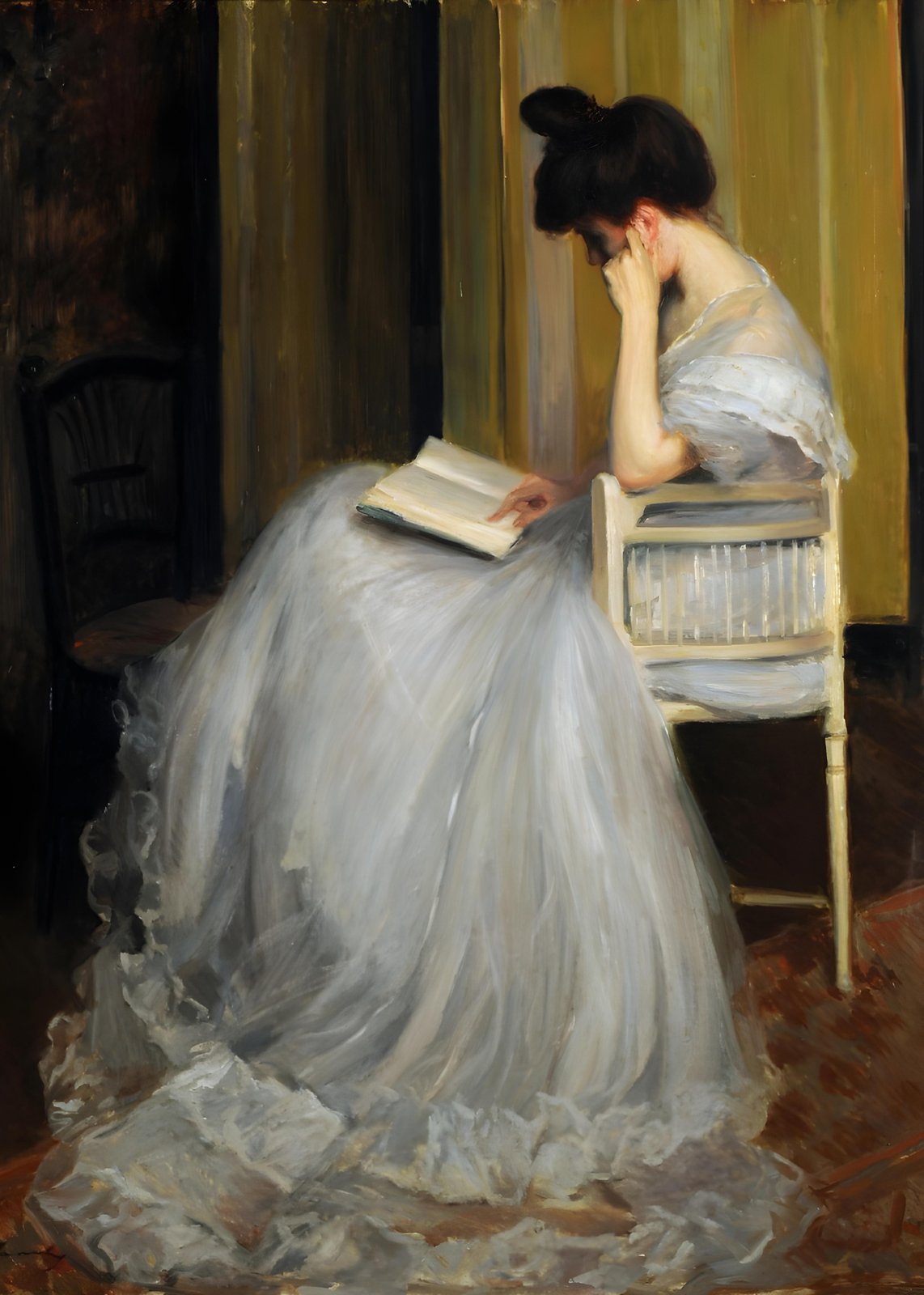 Elegant Reading Woman in White Gown Wall Art