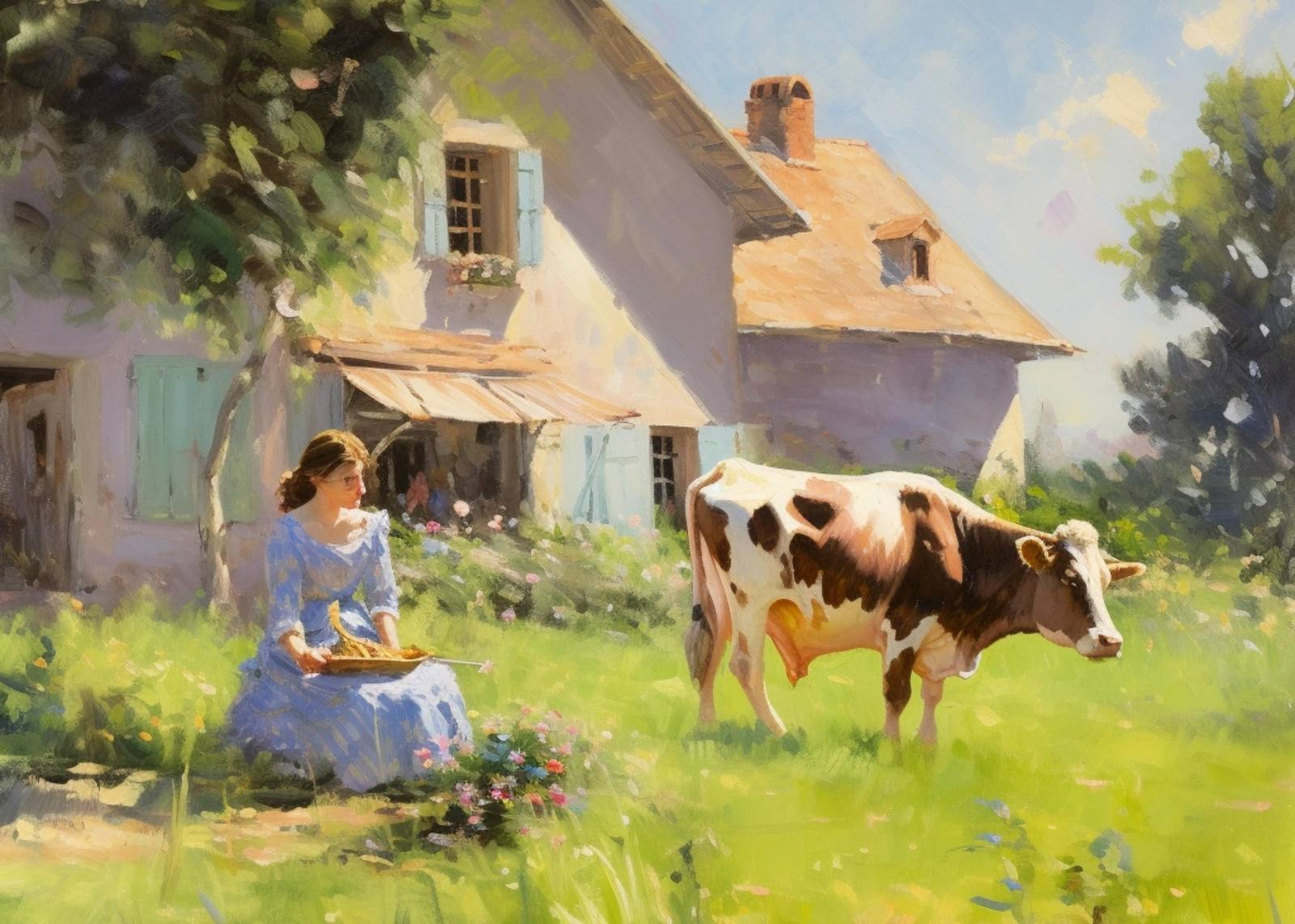 Pastoral Countryside Cow & Woman Wall Art