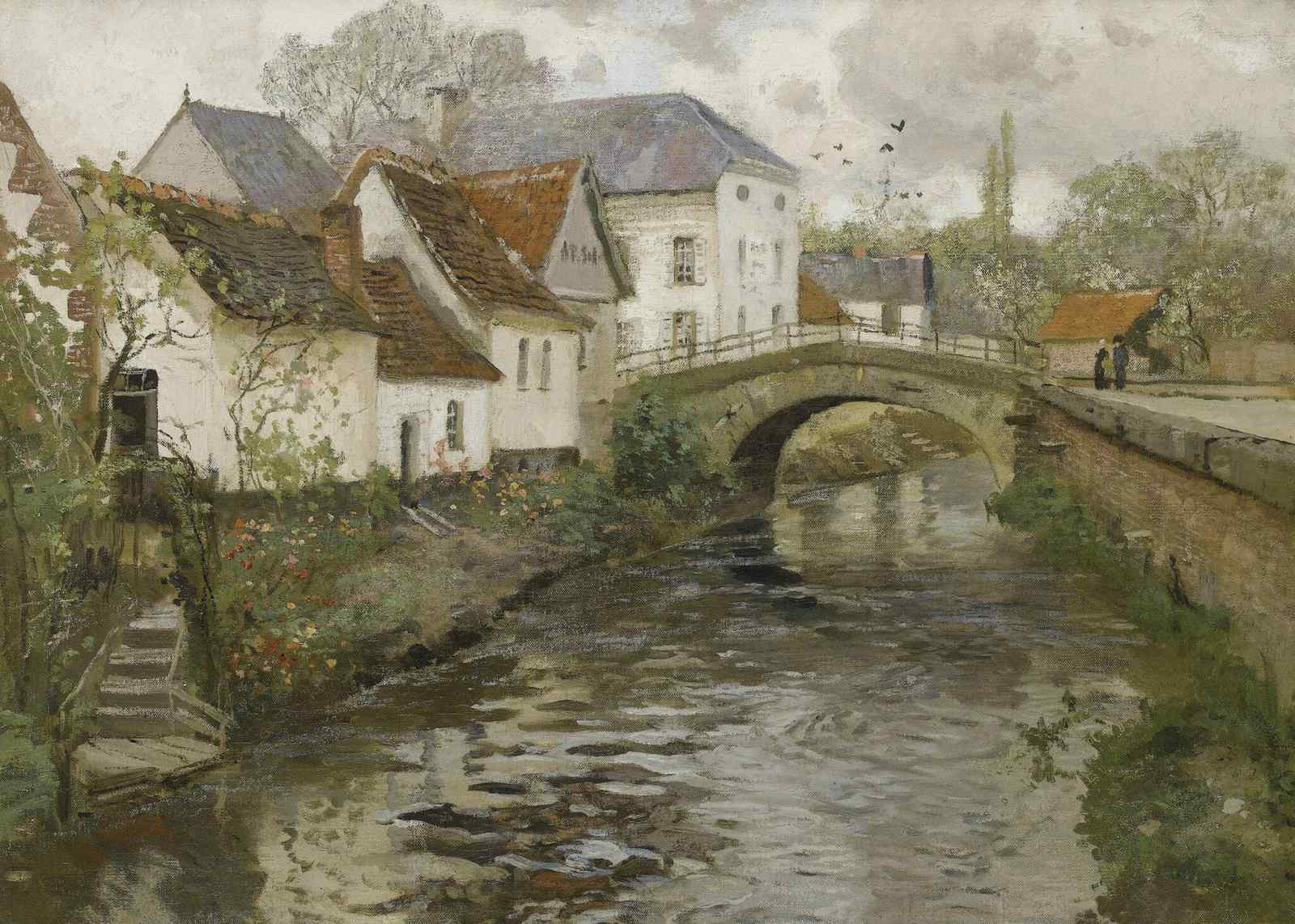 Tranquil Bridge Village Scene Wall Art