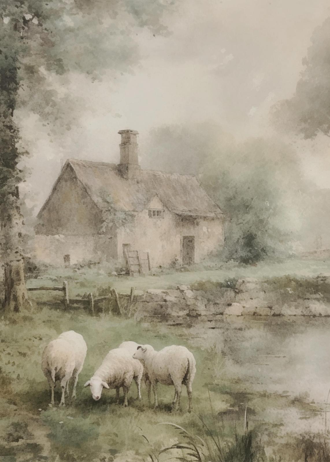 Serene Sheep Pastoral Cottage Wall Art