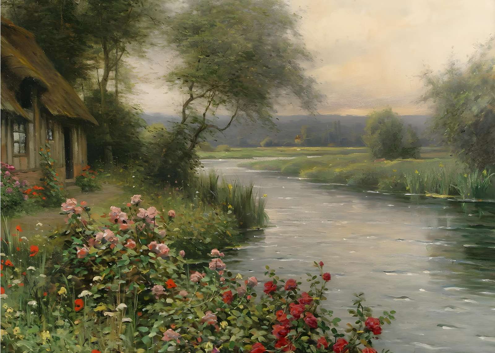 Serene Riverside Cottage & Roses Wall Art