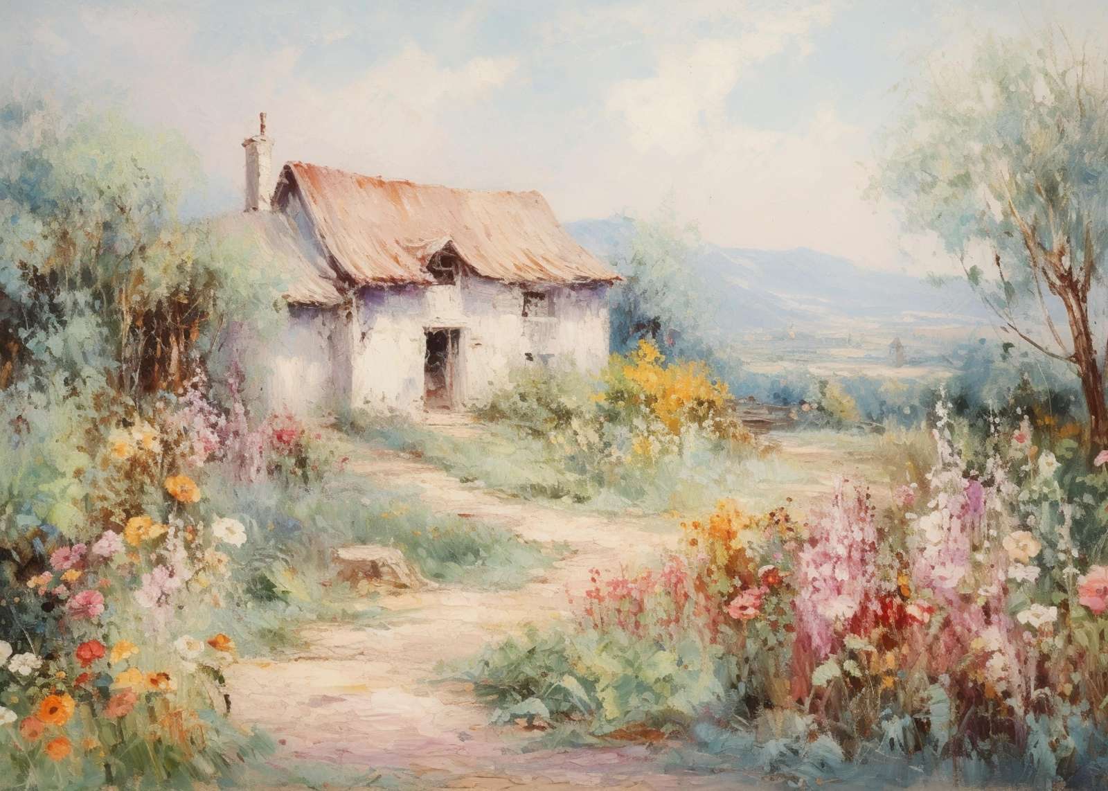 Idyllic Cottage Countryside Oil Painting Wall Art