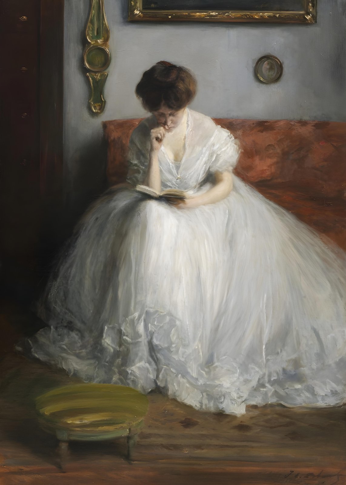 Woman Reading in White Gown Wall Art