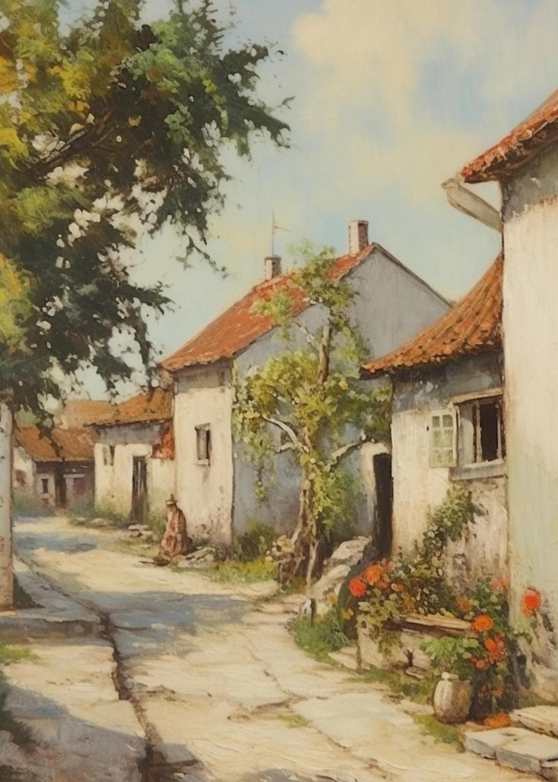 European Village Scene Oil Painting Wall Art