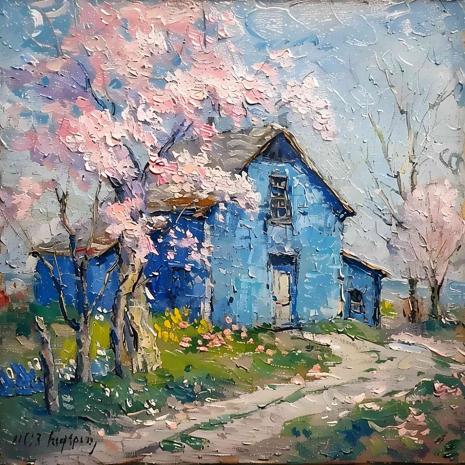 Vibrant Blue House Cherry Blossom Wall Art
