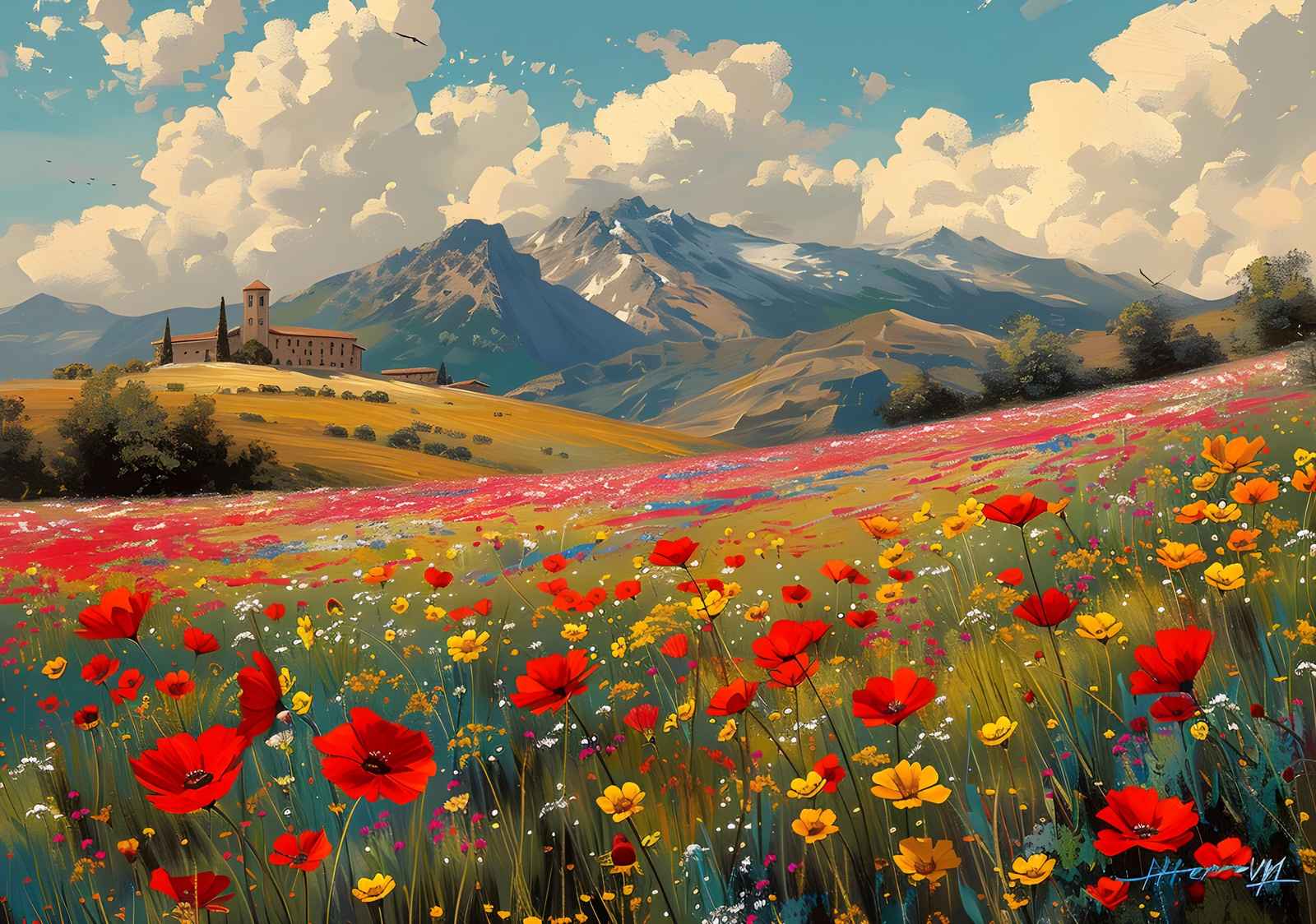 Tuscan Poppy Field & Mountains Wall Art