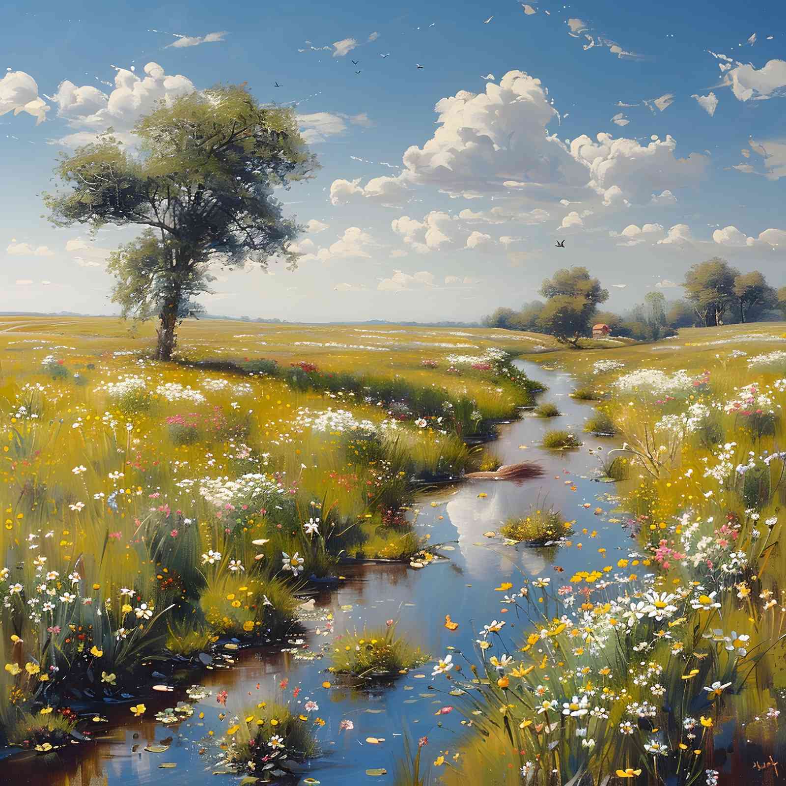 Serene Meadow Stream Impressionist Wall Art