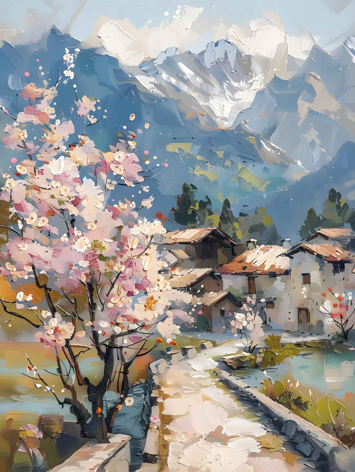 Spring Blossom Mountain Village Wall Art