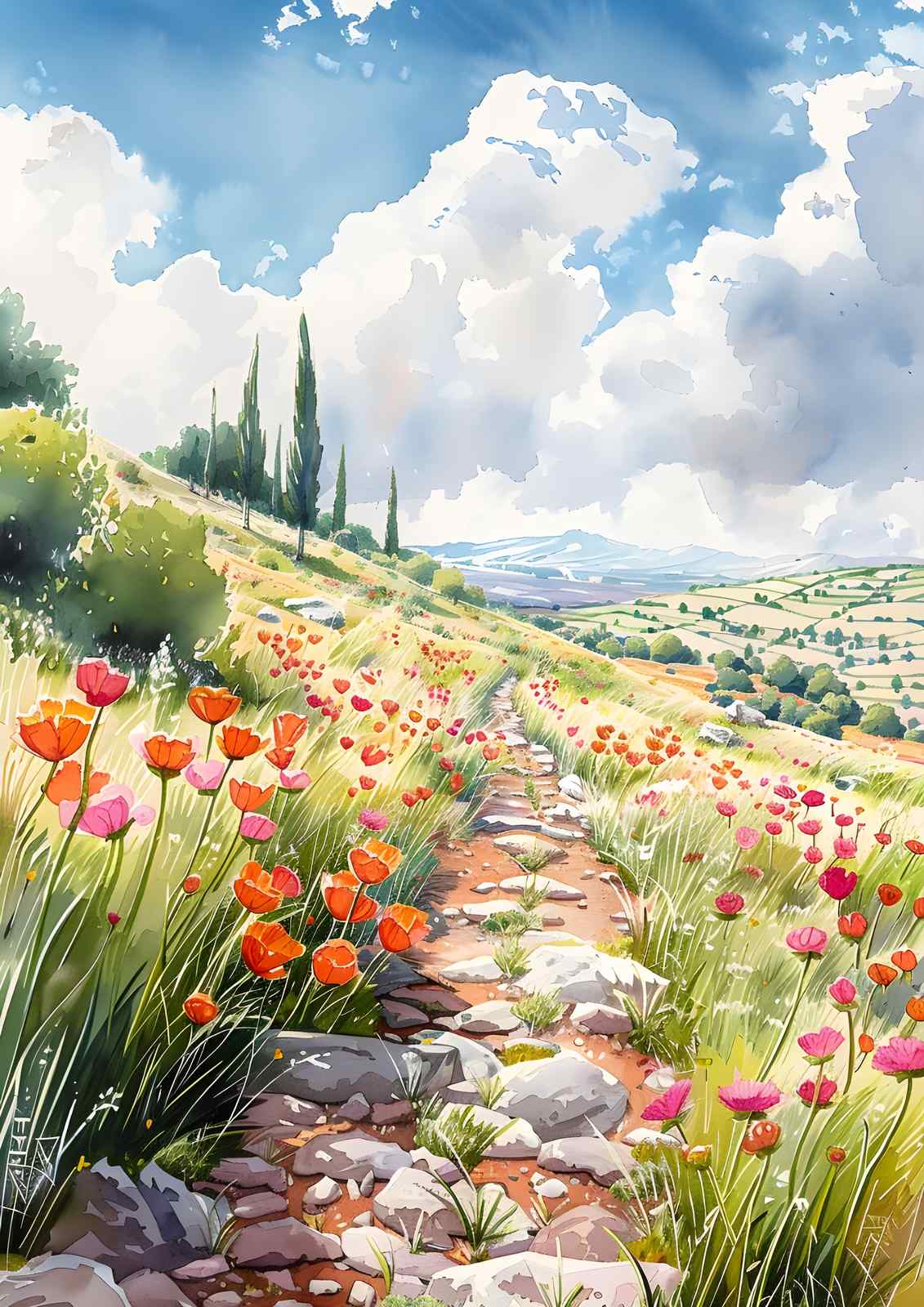 Vibrant Poppy Field Path Watercolor Wall Art