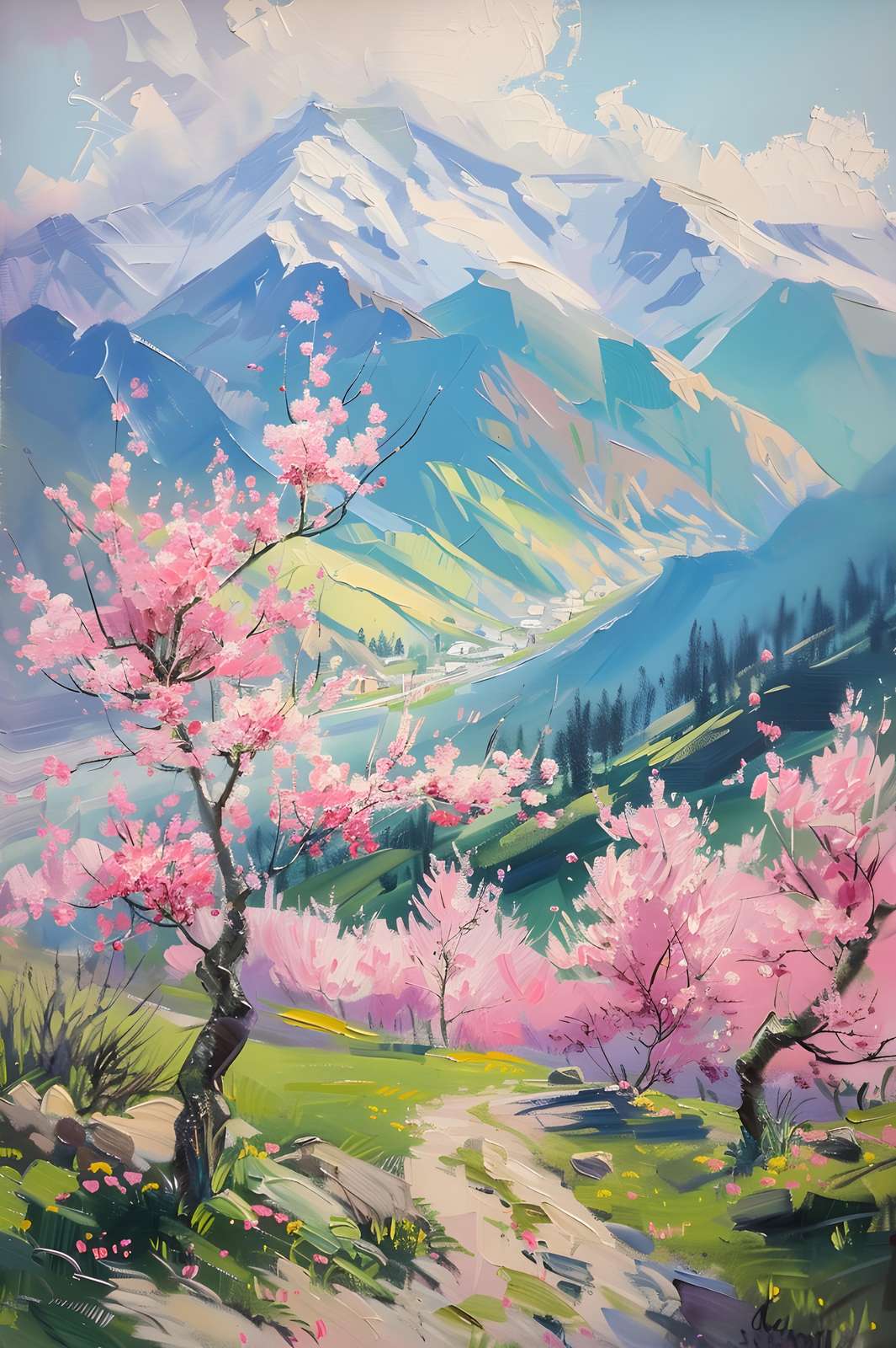 Vibrant Cherry Blossom Mountain Landscape Wall Art