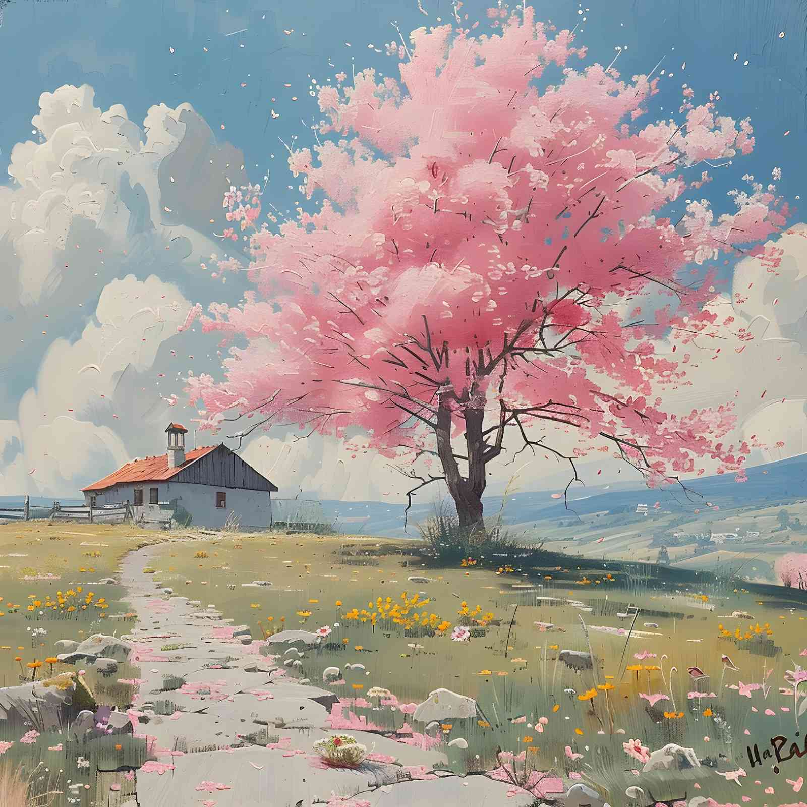 Serene Cherry Blossom Countryside Wall Art