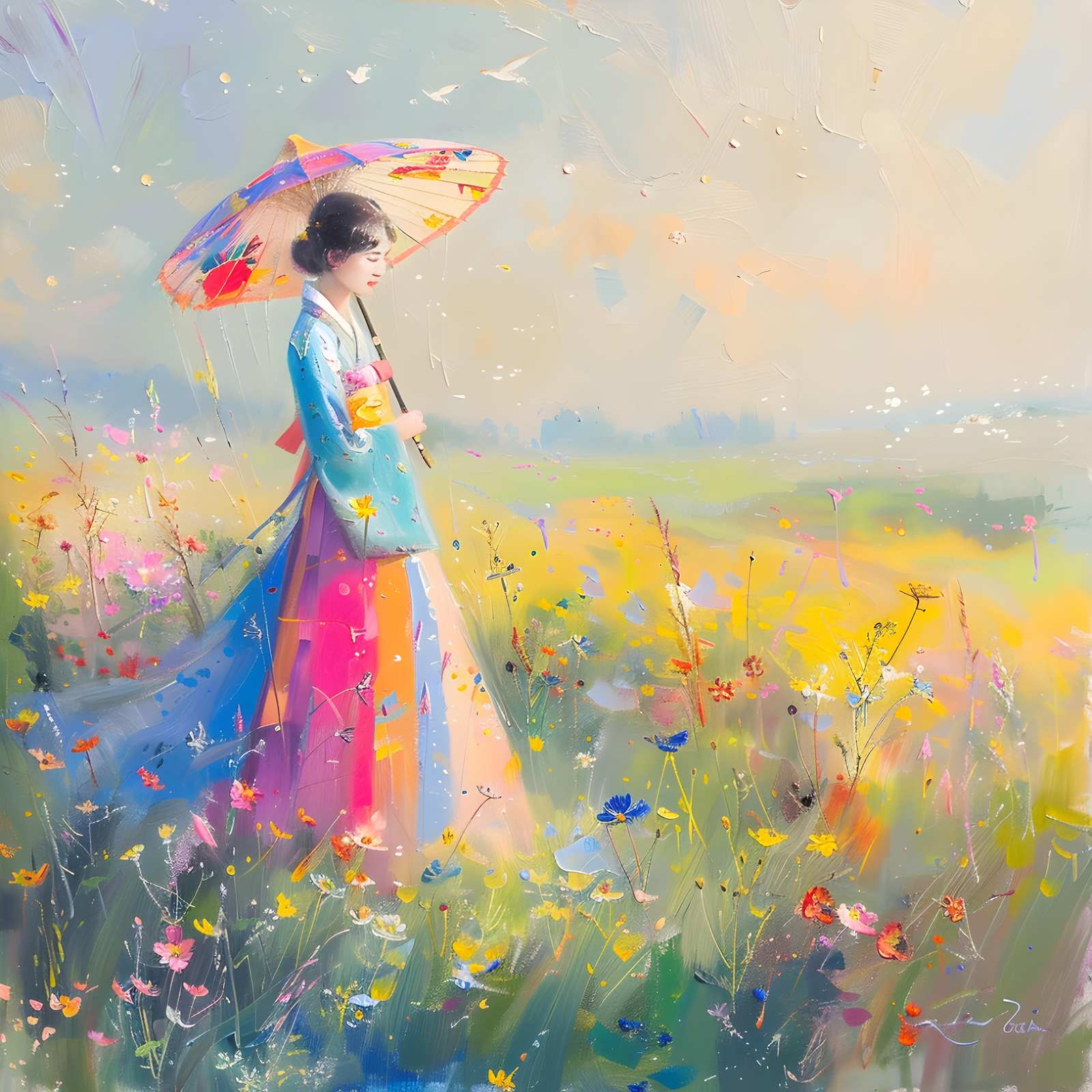 Vibrant Meadow Woman with Umbrella Wall Art