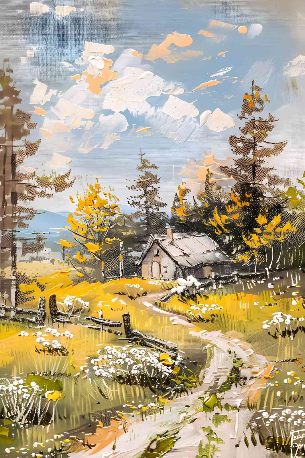 Rustic Cabin Landscape Textured Wall Art