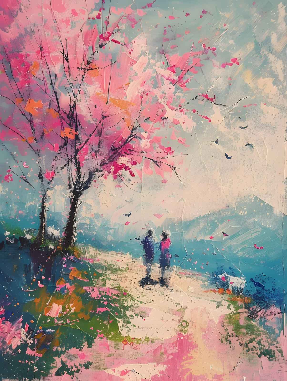 Pink Blossom Serenity Couple Walk Wall Art