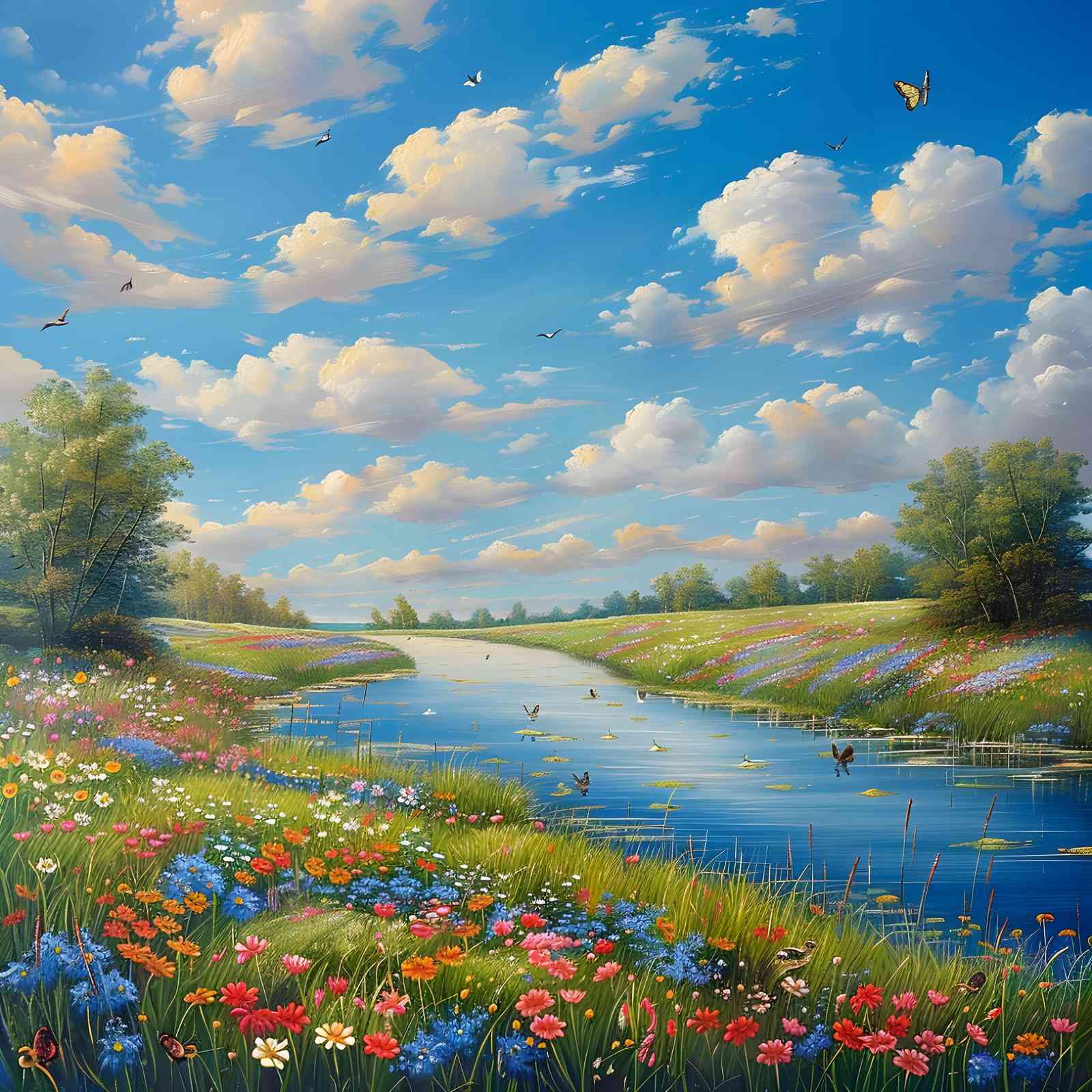 Serene River Meadow Floral Landscape Wall Art