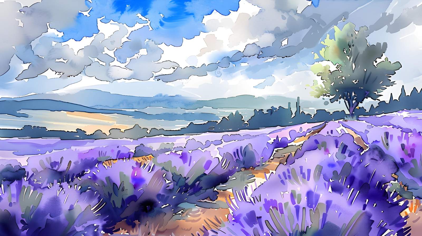 Lavender Fields & Sky Watercolor Wall Art