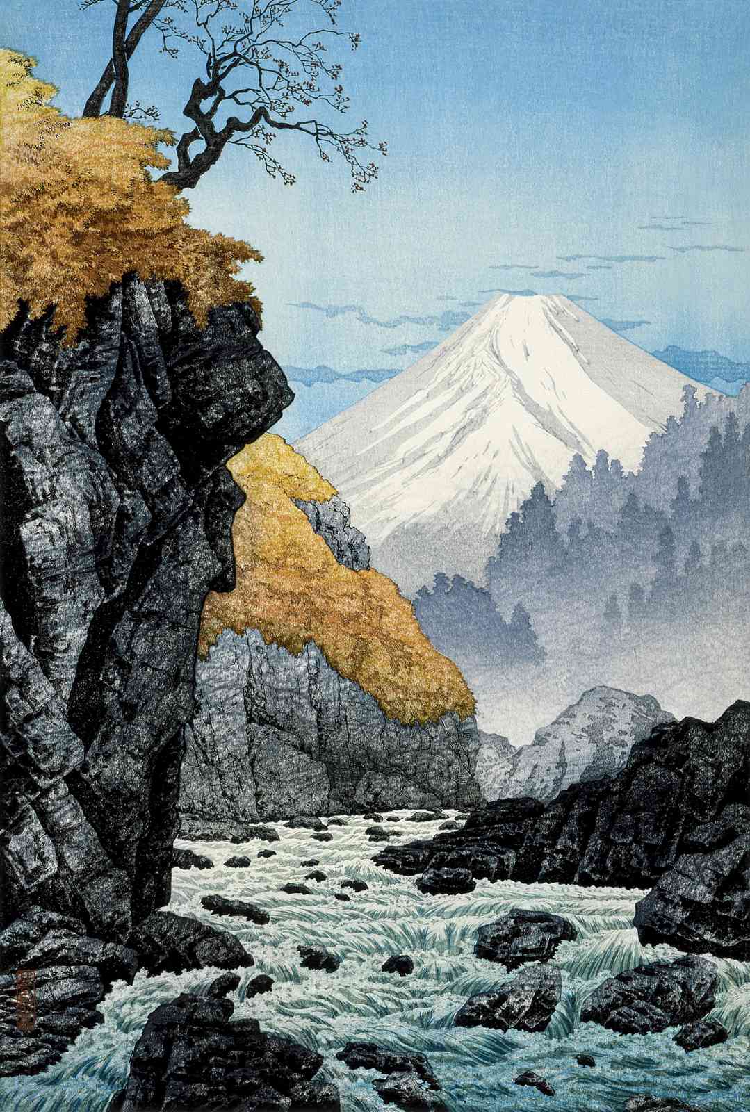 Majestic Fuji River Rocks & Autumn Leaves Wall Art
