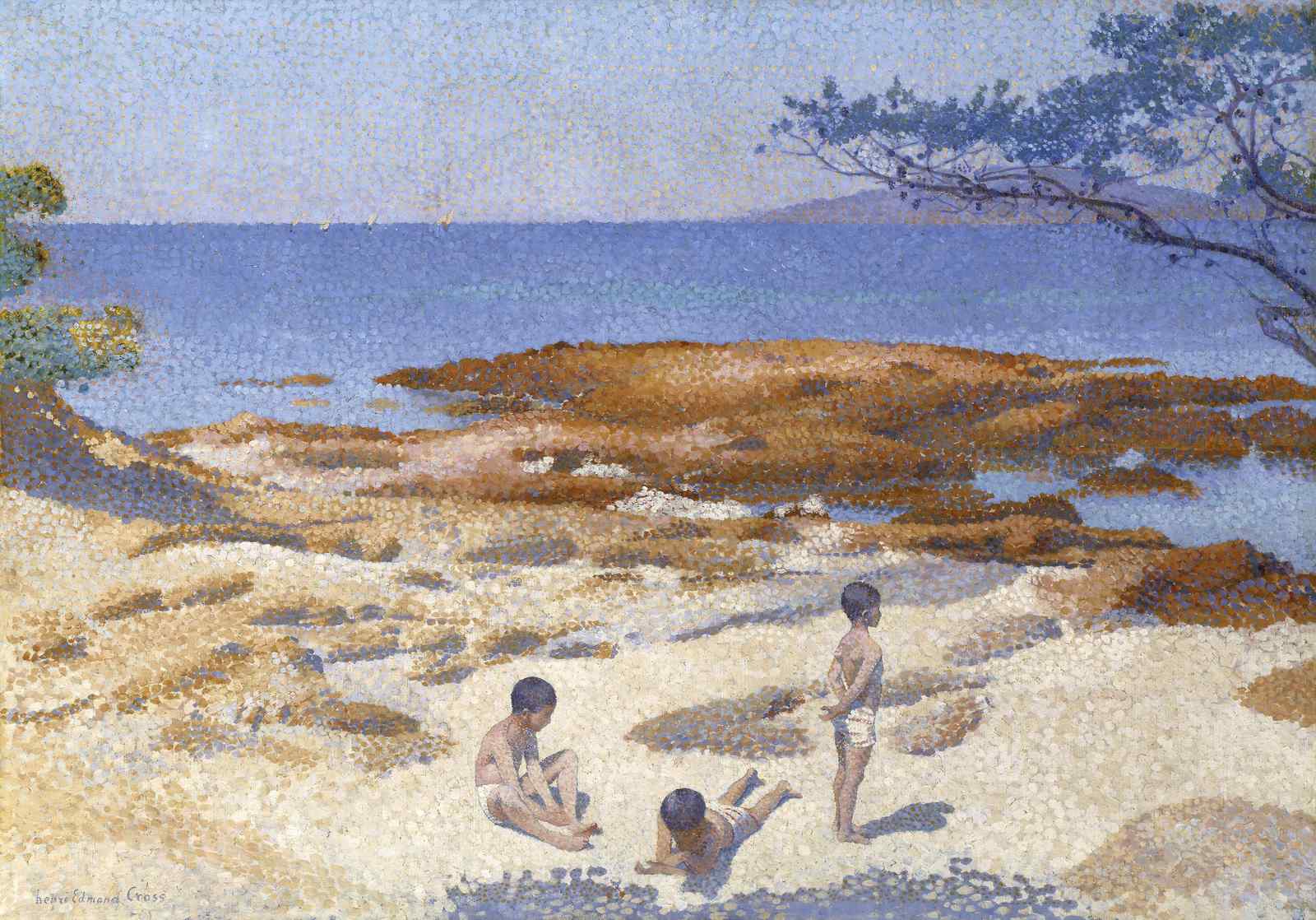 Coastal Scene with Children Pointillist Wall Art
