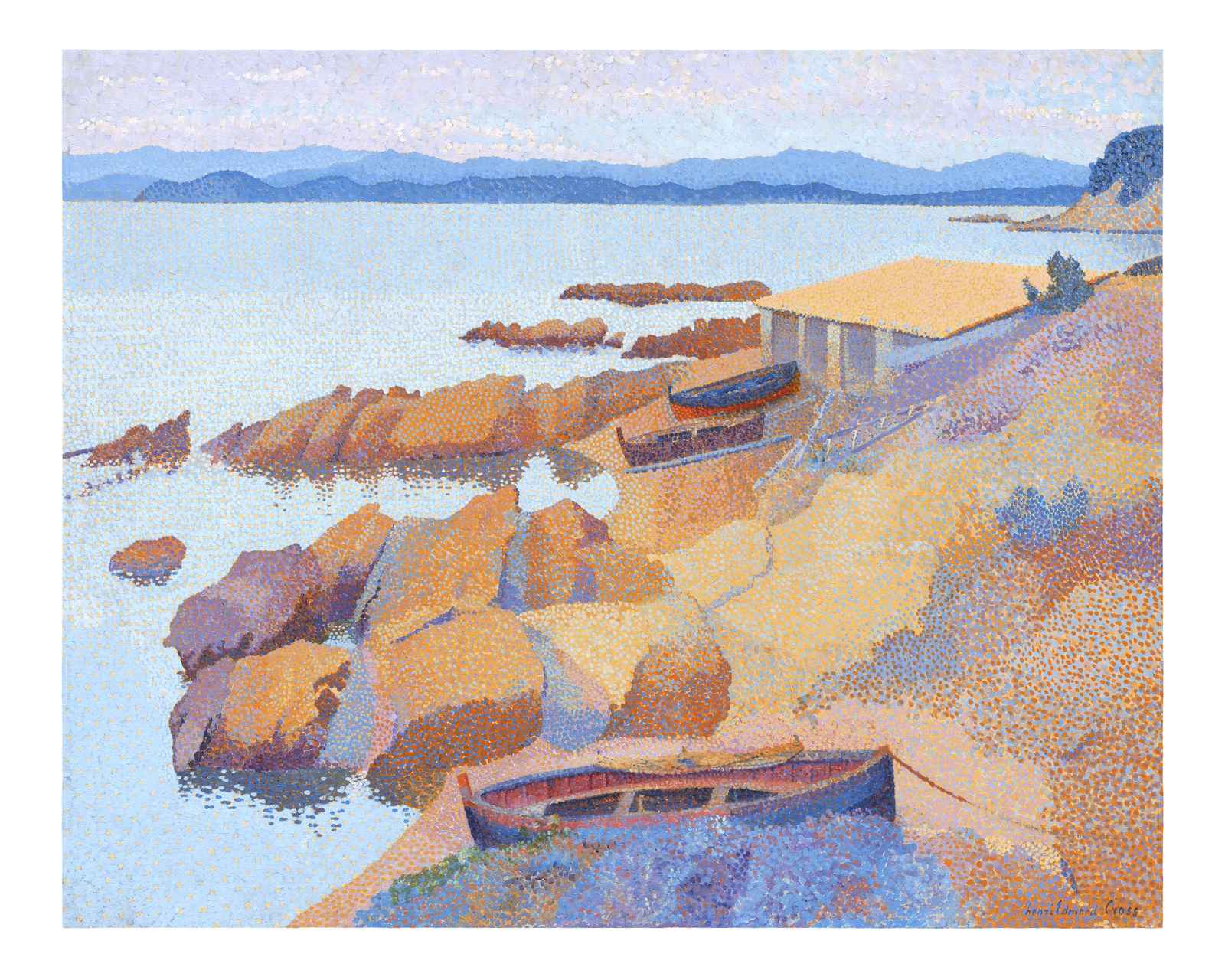 Seaside Boats Pointillism Wall Art