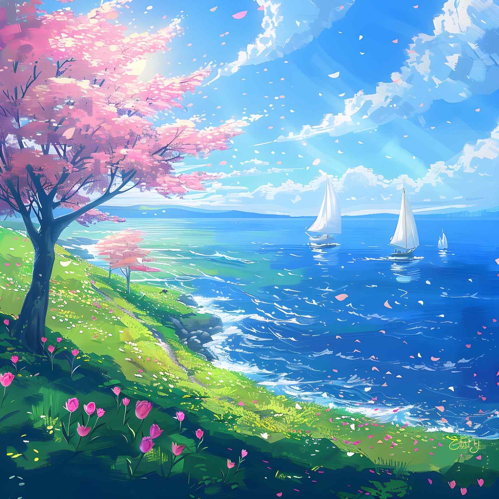 Serene Sakura Sailboat Landscape Wall Art