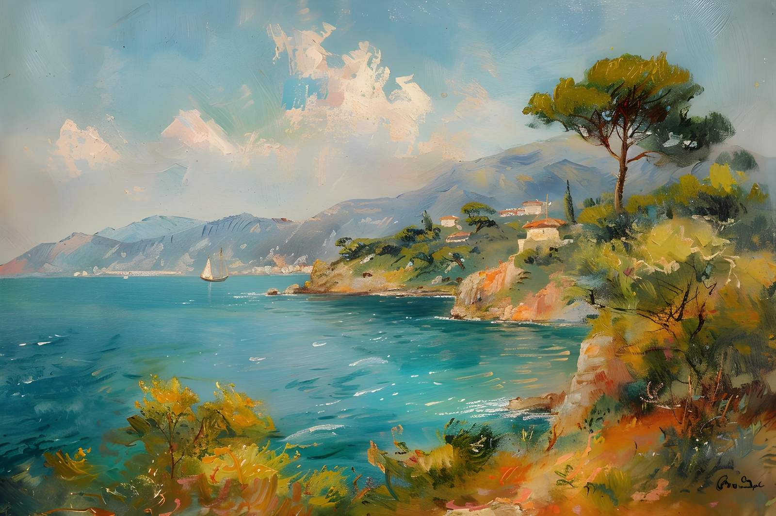 Serene Seaside Village Sailboat Wall Art