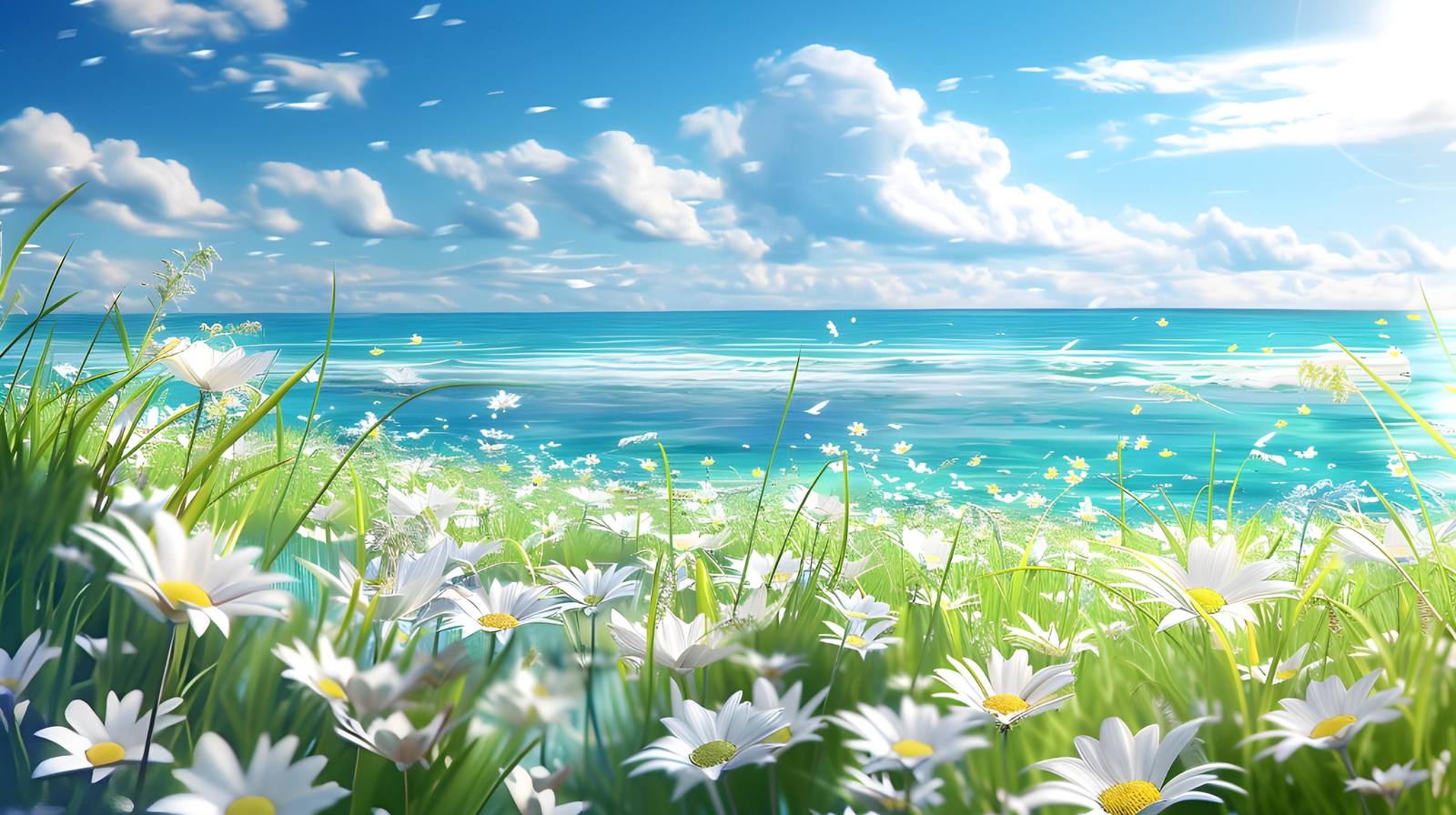 Serene Daisy Meadow Ocean Sky Wall Art