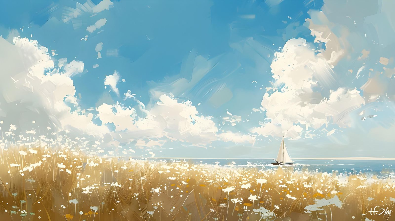 Serene Sailboat Field Sky Wall Art
