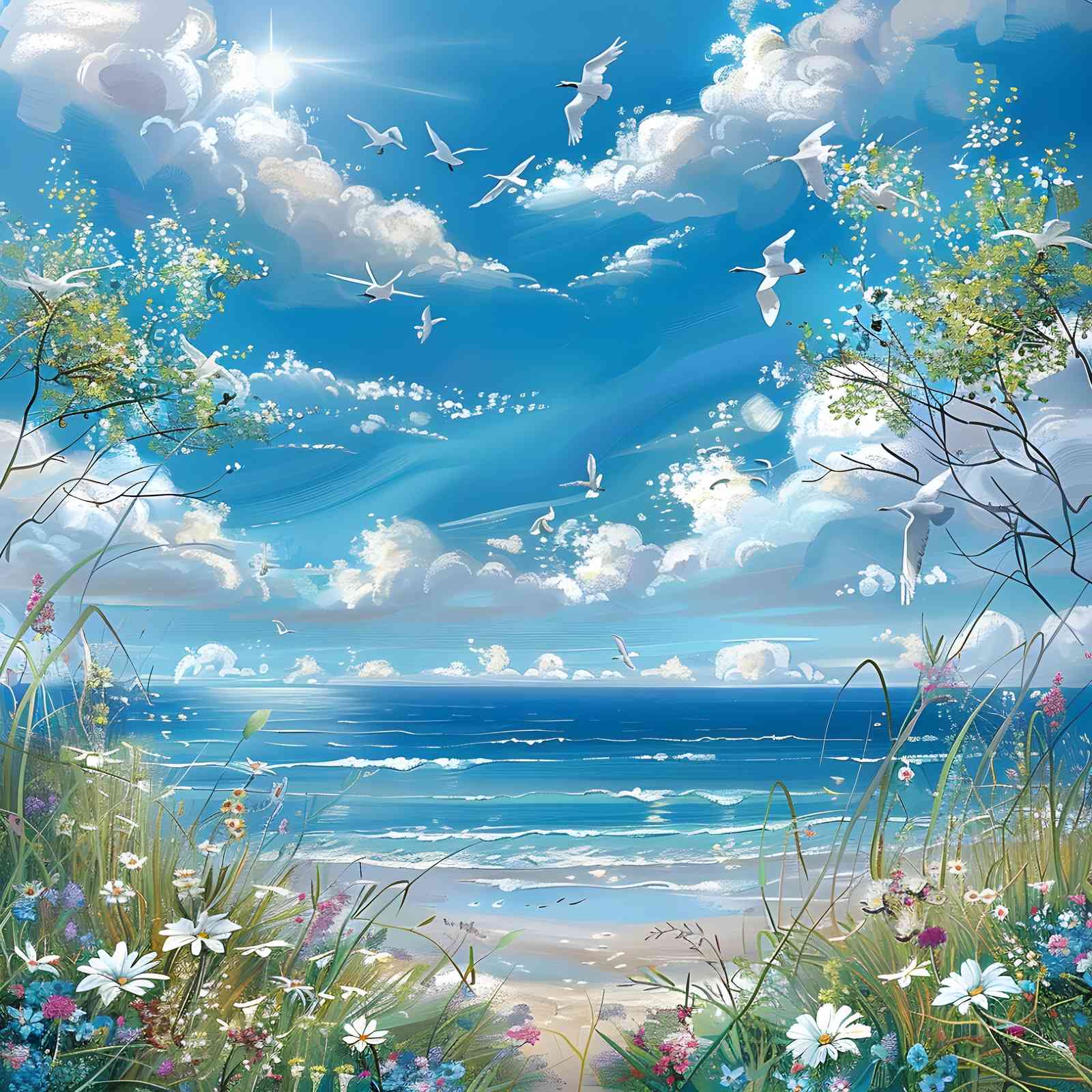 Serene Seagulls & Wildflowers Beach Wall Art