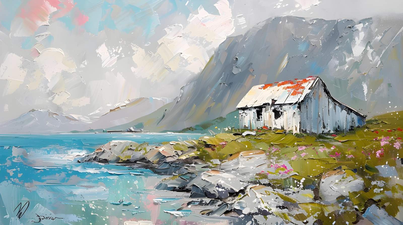Serene Coastal Cabin Impasto Wall Art