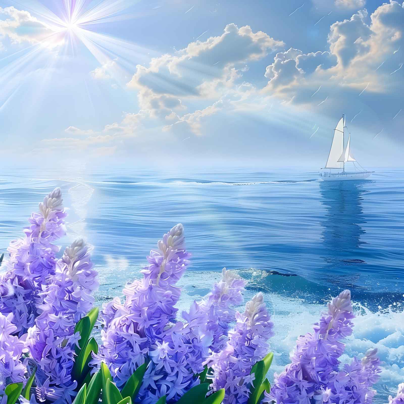 Serene Sailboat & Hyacinths Wall Art