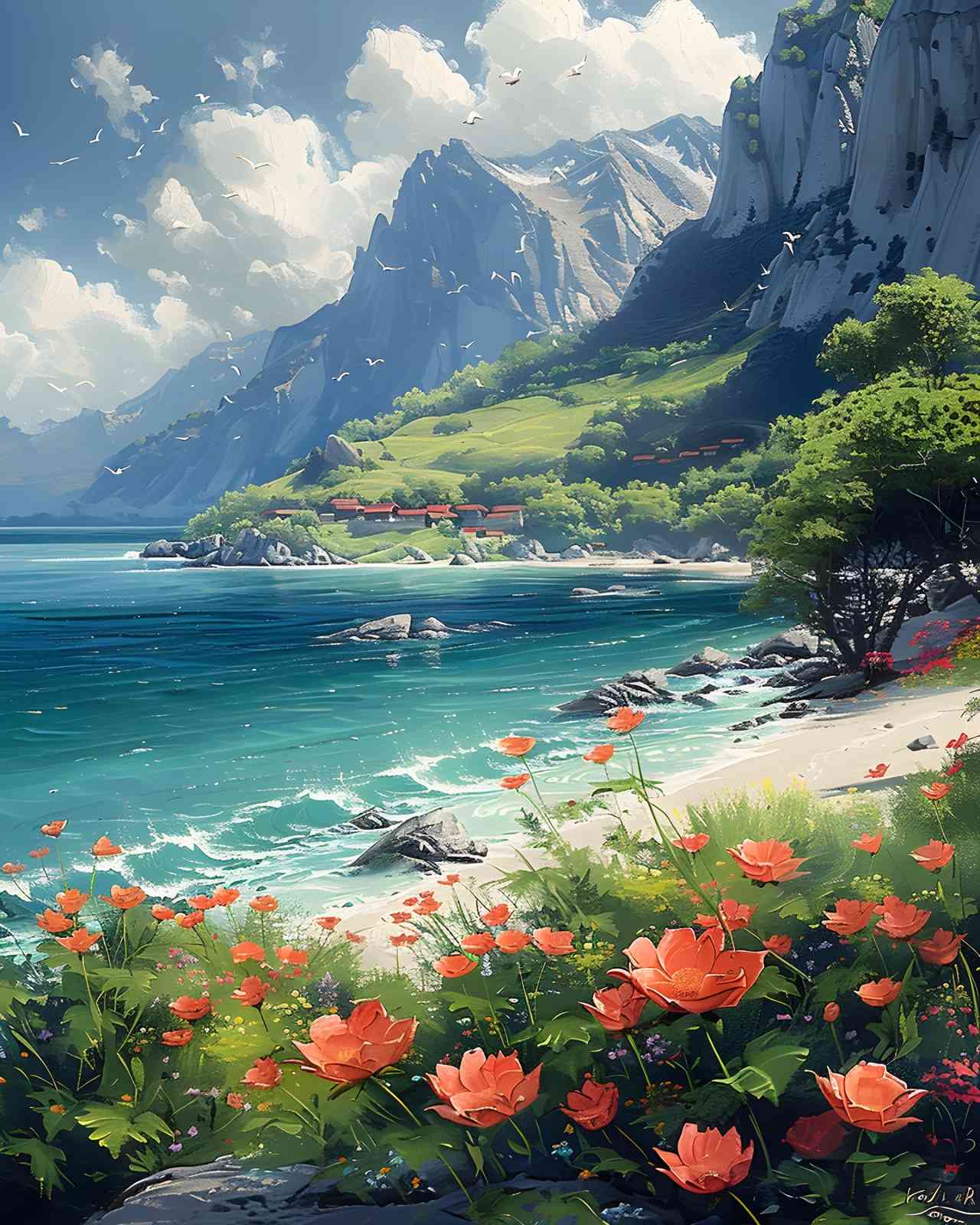 Coastal Serenity Floral Landscape Wall Art