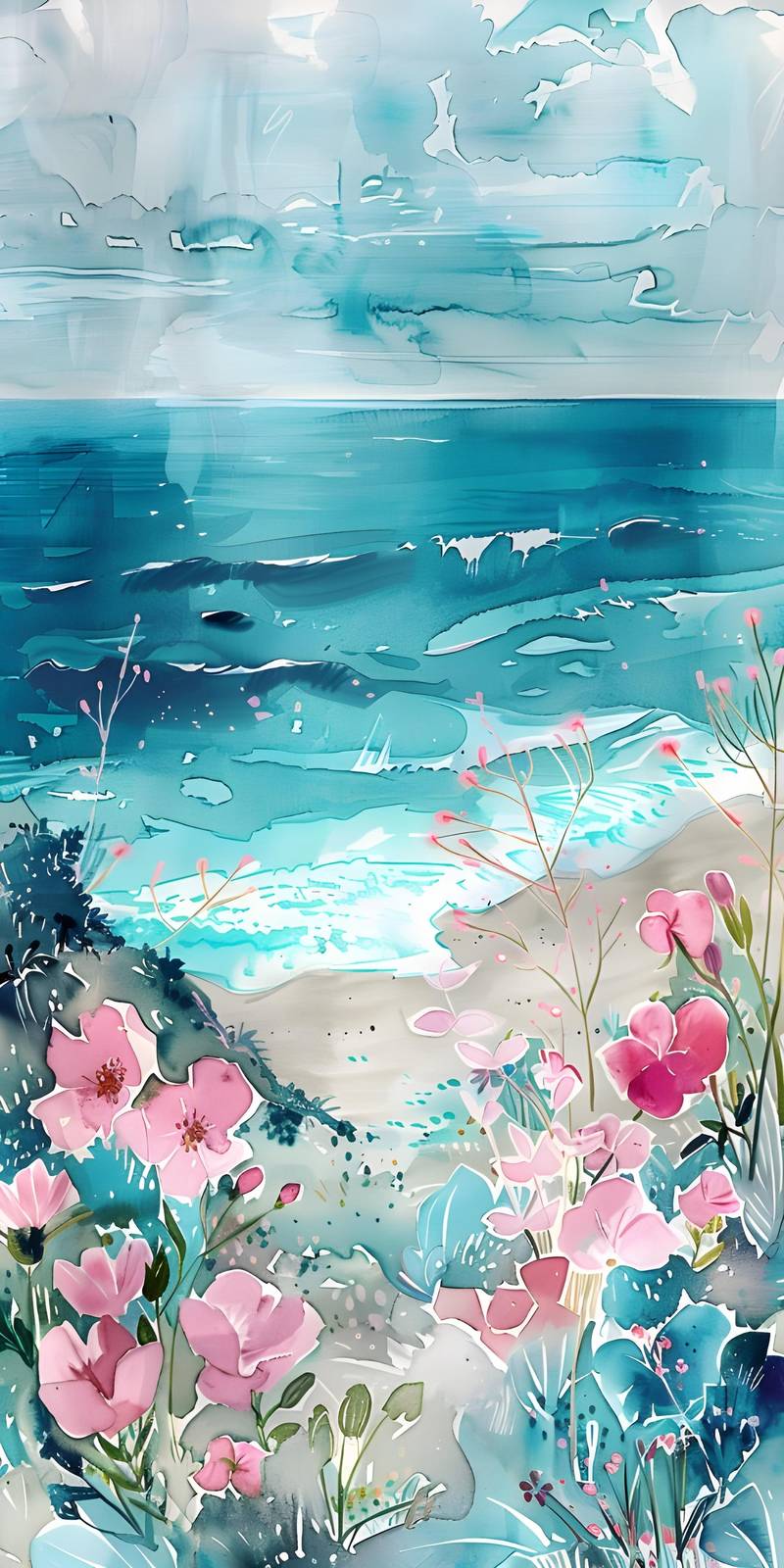 Serene Coastal Bloom Watercolor Wall Art