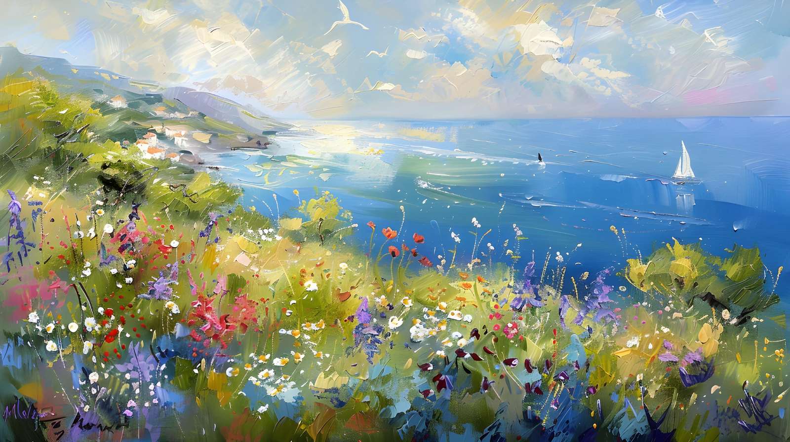 Seaside Meadow Sailboat Impressionist Wall Art