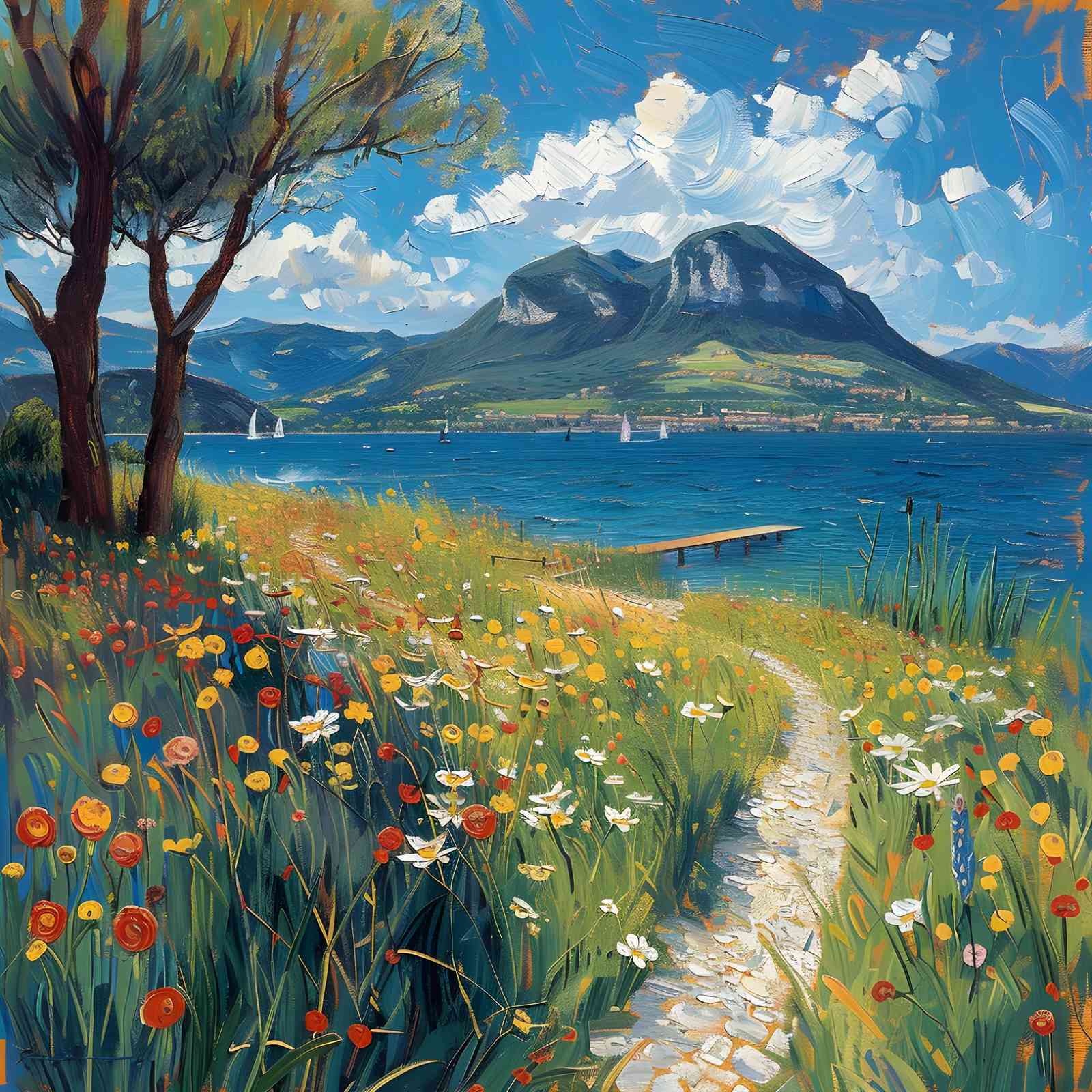 Vibrant Lakeside Floral Path Wall Art