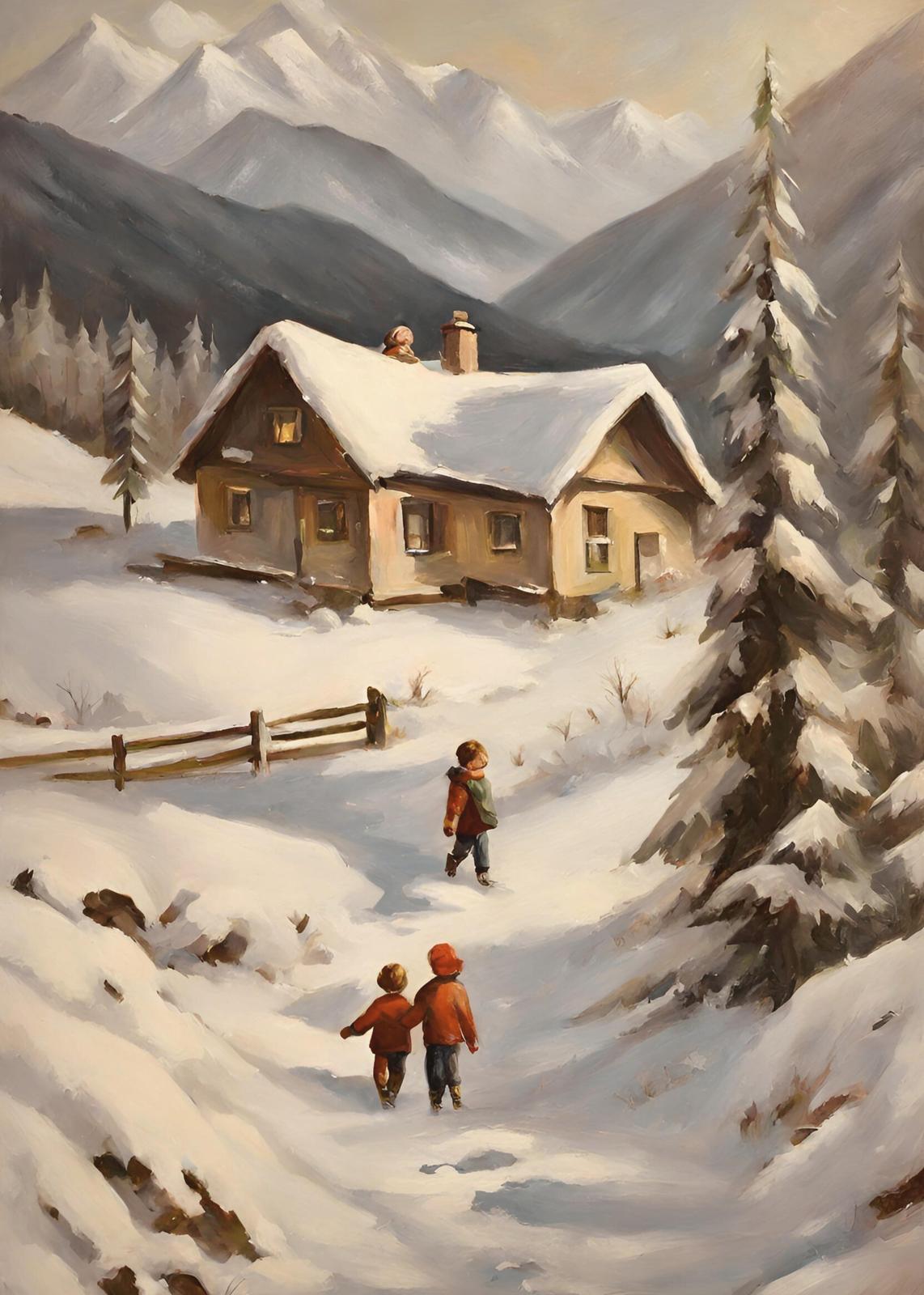 Cozy Winter Cabin Children's Scene Wall Art