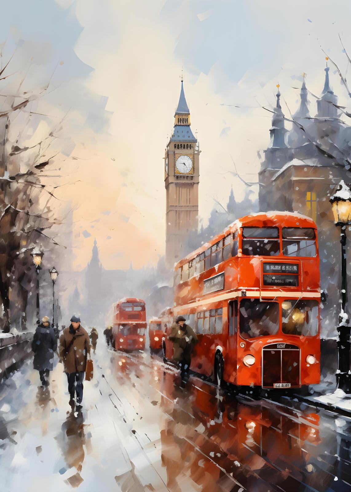 Winter London Scene Big Ben Red Bus Wall Art
